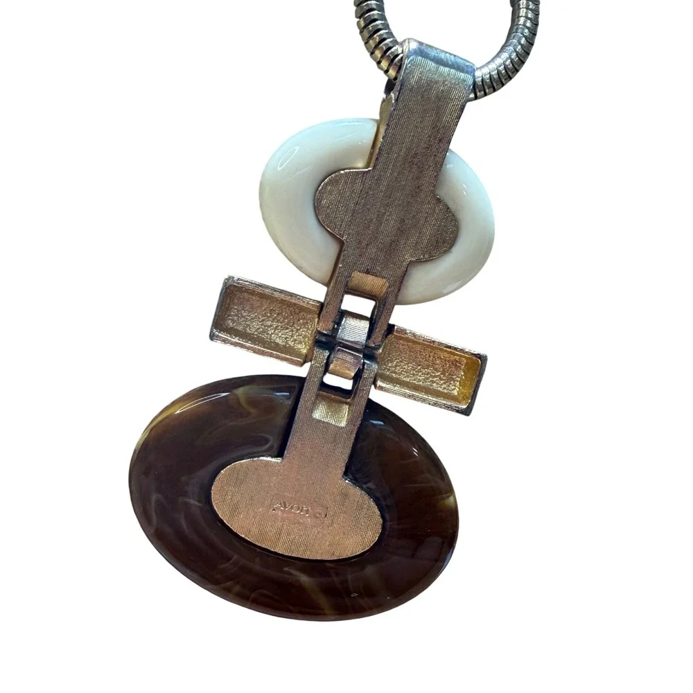 Avon Pendant Necklace Gold Tone Brown Cream Geometric Mid Century‎ Modern